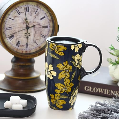 DUSVALLY Ceramic Mug Large Coffee Cup Tall Mugs Porcelain Latte Tea Cup with Lid 17oz,Yellow