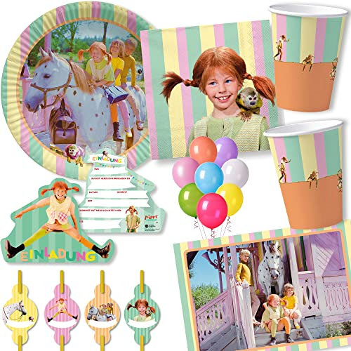 104-tlg Party-Set * PIPPI LANGSTRUMPF * für Kindergeburtstag mit Teller + Becher + Servietten + Trinkhalme+ Einladungen + Platzsets + Luftschlangen + Ballons | Astrid Lindgren Herr Nilson Takatukaland