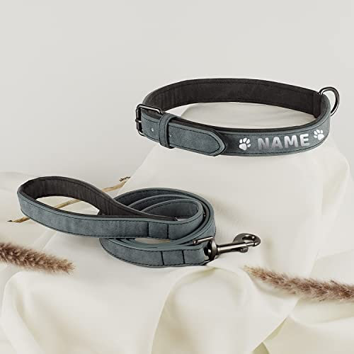 ne&no® Halsband und Leine Set PERSONALISIERT (veganes Leder) Hundeleine mit Halsband I robuste Hundeleine mit Karabiner I 1.2m Dog Leash I biegsam und extra weich (S, blau/anthrazit)