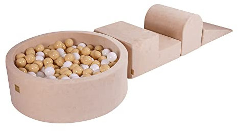 MEOWBABY Spielplatz aus Schaumstoff mit Bällebad 240x45cm - Schaumspielset mit 200 Bälle für Kinder, Velvet, Ecru: Weiß/Beige