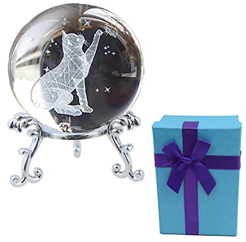FAICOIA Katze Kristallkugel mit Ständer Weihnachten 3D Katze Kristallkugel Figur Glas Lasergraviert Dekorative Kunst Kristallkugel Glaskugel Briefbeschwerer Schmetterling Katze Geschenke für