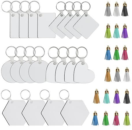 TAFACE 80-teiliges Schlüsselanhänger-Set, je 20 MDF-Anhänger, Ringe, Clips und Quasten, leere Sublimations-Schlüsselanhänger für DIY-Bastelarbeiten