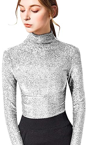 LONGBIDA Women's Slim fit Long Sleeve Turtleneck Glitter Tee Blouse Tops(Silvery,S)