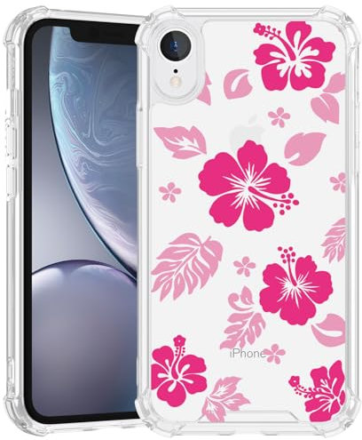 Axulimin for iPhone XR Case Clear Cute Kawaii Hot Pink Hibiscus Hawaiian Flower Floral Aesthetic Phone Case for Girls Preppy Women