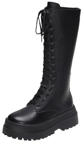 ERICAT Stivali da Cavaliere Allacciati Donna Nero Tacco 6 cm Stivali da Motociclista Stivali Autunno e Inverno Tacco Spesso Colore Solido Fondo Spesso 35 EU