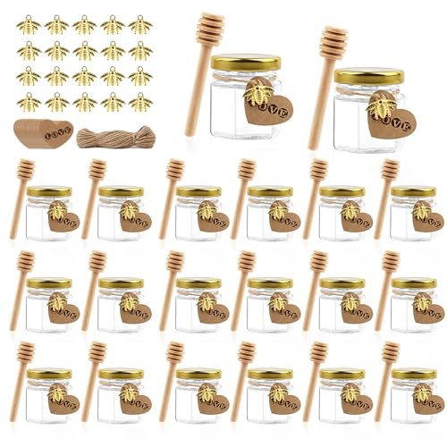 NVIYAM 20 Pcs 45ml Mini pots à miel en verre, Mini Pots à Miel en Verre Hexagonaux avec Louches en Bois, Pendentifs Abeille, Mini pots de confiture pour épices, herbes, cadeaux de mariage