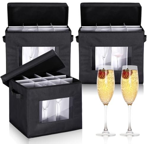 Norme Weingläser-Aufbewahrungsbox mit Trennwänden, 12 Fächern, Stielgläser, Champagnerflötenbox mit Deckel, Griff, Fenster, Porzellan-Behälter zum Umziehen (Champagnerflötengröße, schwarz), 3 Stück