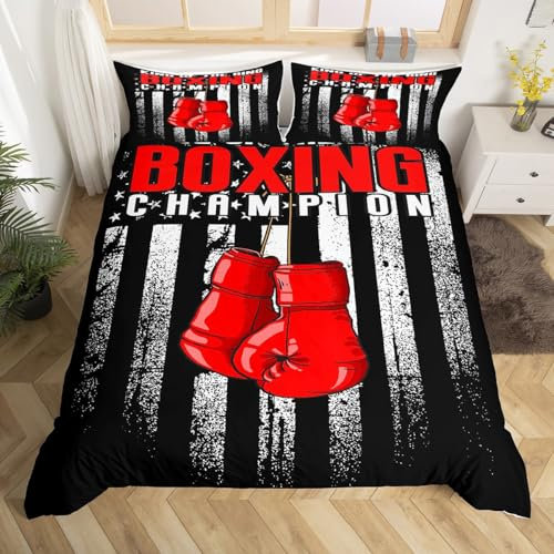 Homewish Boxing Bedding Set Single Size, Teens Boys Sports Game Room Decor Duvet Cover Set, Red Boxing Gloves Print Comforter Cover, Vintage Gruge White Striped Quilt Cover, Black, 2 Pieces