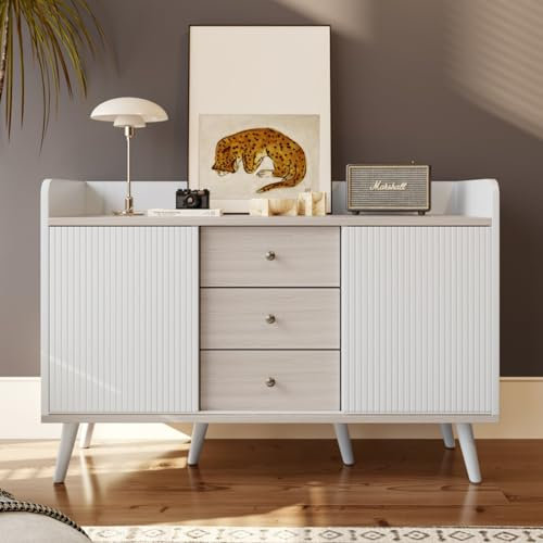 KOMHTOM Élégante commode, armoire de rangement avec deux portes coulissantes et trois tiroirs, armoire polyvalente pour salon, chambre à coucher, entrée et salle à manger (blanc)