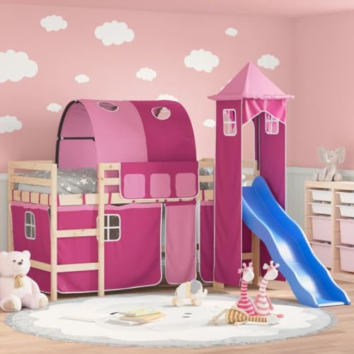 Festnight Hochbett Kinder mit Rutsche Spielbett Kinderbett 80x200 cm Kinderhochbett Etagenbett Hausbett Holzbett mit Turm Tunnel Leiter Vorhang Einzelbetten Jugendbett Bettgestell Rutschbett