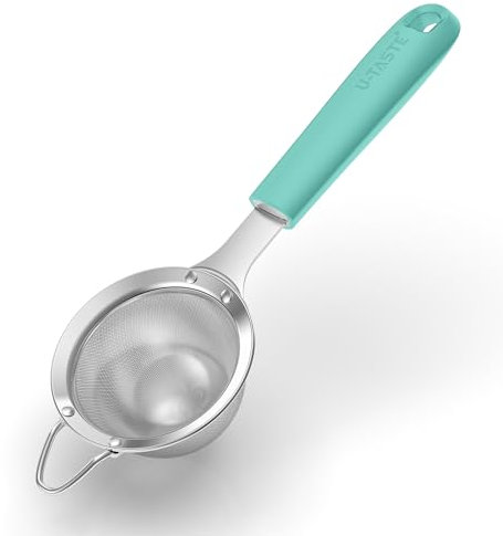 U-Taste Small Fine Mesh Sieve: 18/8 Stainless Steel 8.5cm Kitchen Sieve and Strainer with Riveted Sturdy Silicone Handle, Great for Sifting Flour, Straining Tea, Rice, Quinoa (Aqua Sky)
