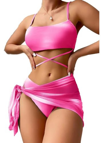 fdsmall Women's Bikini Set Low Waist Swimwear 3-Piece Swimsuit Tie Dye High-Cut Swimming Trunks Beach Wear (FR/ES, Alpha/Lettres, Grand, Taille Normale, Rose)