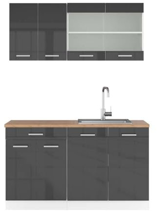 Vicco Singleküche R-Line, Küchenzeile Single, Anthrazit Hochglanz/Weiß, 140 cm, AP Eiche