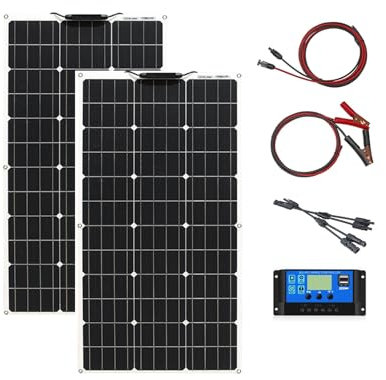Aysolar 200W 12V Pannello Solare Flessibile Kit 2 pezzi 100W 18V Monocristallino Fotovoltaico Modulo con 20A regolatore solare per 12V/24V batteria, Camper, Barca, Auto, Roulotte, Furgone, Casa