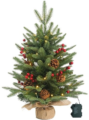 Prelighted Mini Christmas Tree 2 ft with 50 LED Light, 80 Tips Mini Fir Artificial Small Xmas Tree with Timer 24 inch Tabletop Tree Christmas Decoration for Bedroom Fireplace Mantel