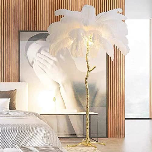 Feather Lamp Ostrich Feather Floor Lamp,Fringe Lamp Gold Finish Floor Lamp, Palm Tree Standing Light Dimmable with Foot Switch, Floor Lamp for Dining Room Kitchen Girl Room Decor