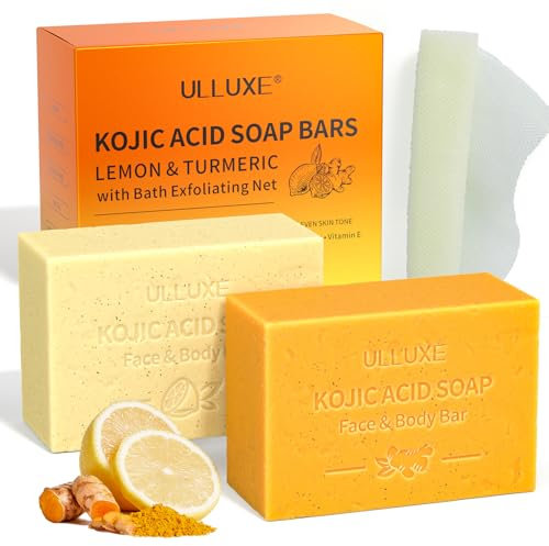 Kojisäureseife, Kurkuma Zitronen Kojisäure Seifenstücke mit Badenetzschwamm, Peeling, Reduziert Dunkle Flecken, Glättend, Vegane Seife für die Hautpflege von Körper und Gesicht, 2x140g