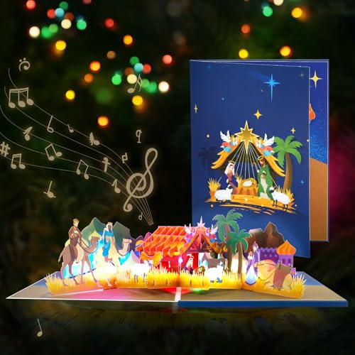 GREETING ART Pop Up Karte Weihnachten mit Musik und Licht, Pop-Up Karte Weihnachten Krippe, 3D Religiös Weihnachtskarte mit christlichem Motiv für Frauen und Kinder