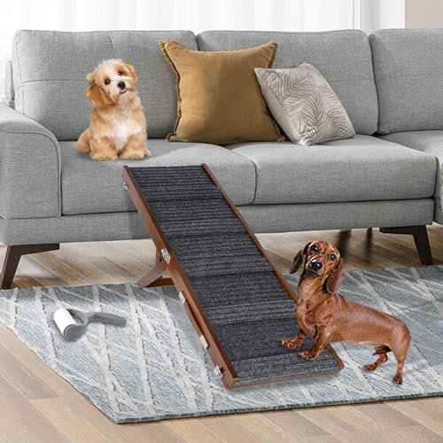 Aitakatta Dog Ramp for Bed, Adjustable Portable Folding Pet Ramp, 32 Long Brown Wooden Pet Ramp with Non-Slip Traction Mat for Small Dogs, Dog Climbing Ladder for Sofa, Bed,Couch,Car(LGPT,80BR-Gray)