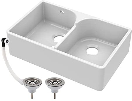 Balterley 795mm Butler White Kitchen Sink, Double Bowl Stepped Weir with 2 Waste with 1 Overflow, Durable Butler Fireclay Ceramic Kitchen Sink Bowl, Farmhouse Sinks - 795 x 500 x 220mm (White)