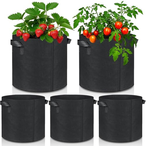 XHYASD 5 Stück Pflanzsack 20 L Stofftopf mit Griffen Schwarz | Vliesstoff, 5 Gallonen, verstärkte Griffe, atmungsaktiv, für Kartoffeln und Tomaten