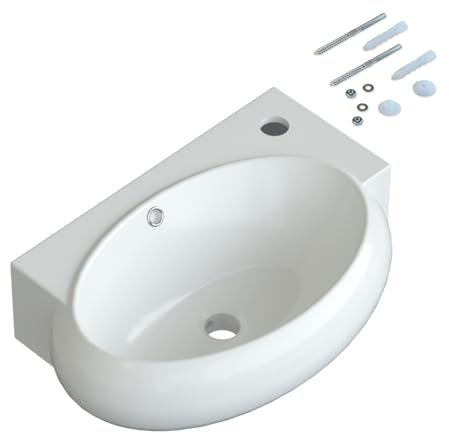 Waschbecken Keramik Waschtisch Hängewaschbecken klein Handwaschbecken Weiß Eckig-Oval 44 x 29 cm Badezimmer Gäste WC | Hahnloch Rechts | Überlauf | Stockschrauben | OHNE Wasserhahn | OHNE Ablaufventil