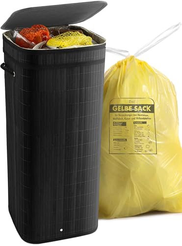 HOMELYN Gelber Sack Ständer I 80L, aus Bambus I Stabiler Müllsackständer mit Deckel I Extra für gelbe Säcke I Gelber Sack Mülleimer I Behälter gelbe Säcke für Küche & Haushalt