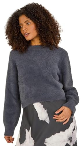 Dusk Fashion Fluffy Long Sleeve Knit Jumper for Women UK - Ladies Everyday Autumn Winter Round Neckline Comfy Soft Evening Vacation Work Party Night Out - Grey - Size 14