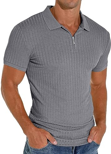 PrinStory Men's Polo Shirts Zip Polos Shirts Short Sleeves Stripe T Shirt Holidays Causal Slim Fit Skin-Friendly Polo Shirts Spring Summer Tops (Dark Grey, L)