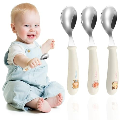 JEYORZY 3 Set Ensemble de Couverts pour Bébé, Couverts Enfant, Couverts Bébé Apprentissage, Bébé Toddler Ustensiles en Acier Inoxydable Silicone Cuillères, sans BPA, pour Bébé Toddler Pour Tout-petit