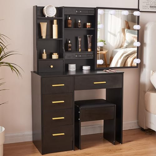 Ereousa Postazione Trucco con Sgabello e Specchio, Toilette Trucco con Luci, Luminosità regolabile, Toletta da Trucco con 6 Cassetti, 6 Ripiani, Nero 36x80x131cm, H010628