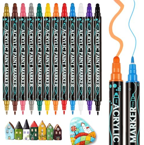 12 Colors Acrylic Paint Pen, Dual Tip Colouring Pens for Adults & Kids, Non-Toxic, Waterproof, Permanent and Quick Dry for DIY Colouring Books Fabric, Art Crafts Supplies, Rock Glass Painting