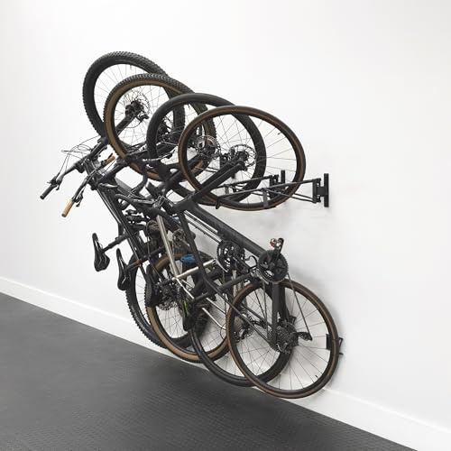 StoreYourBoard SwivelStow Fahrrad-Aufbewahrungsregal, 4 Stück, 2 MTB- und 2 Straßen- und Kiesfahrrad-Wandhalterungen, robuster Fahrradaufhänger, No-Lift-Fahrrad-Wandhalterung für Garage