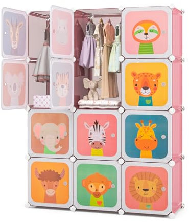 DREAMADE Armoire Modulable Enfants,Meuble de Rangement Enfant 12 Cubes avec 2 Portes&Poteau de Suspension,Étagères en Plastique Motif Animaux pour Vêtements Chaussures,109x35x145CM (Rose-Animal)