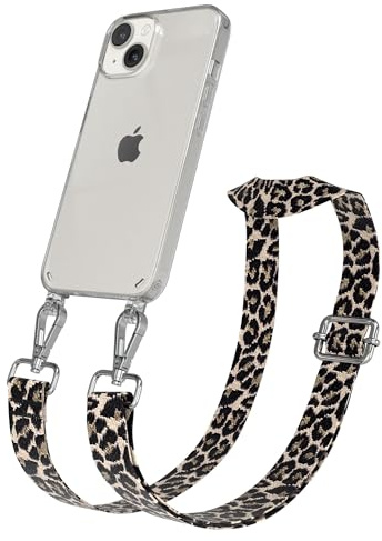 EAZY CASE Handykette - Verstellbares Taschenband kompatibel mit iPhone 14, Schulterriemen, Handykordel mit Silikon Hülle, Umhängetasche, Leo - Schwarz Beige Silber