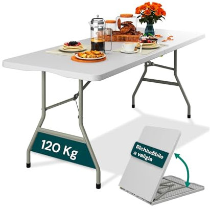 Avilia - Tavolo Pieghevole da Pranzo Salvaspazio per Cucina e Soggiorno, Richiudibile e Portatile con Blocco di Sicurezza, Superficie in HDPE per 6 Persone, 180x70x74 cm Bianco