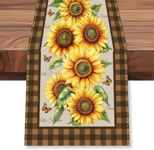WADORN Tischläufer Mit Sonnenblumen Muster Im Buffalo Plaid Stil, Tischläufer Aus Leinen Mit Frühlings Sommerblumen Dekor Küchen Esstisch Saisonale Bauernhaus Tischläufer Für Urlaub Party 33 x 183cm