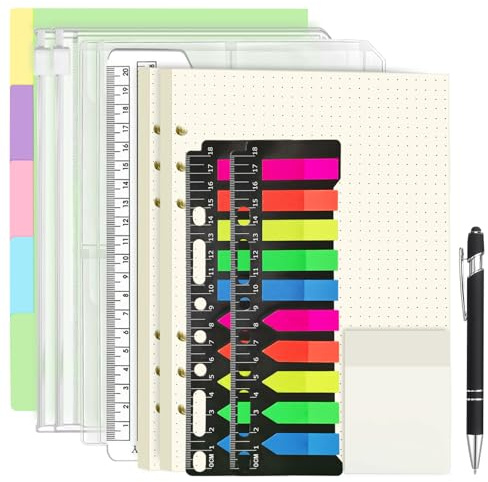 Sheryl&Rain 134 Stück A5 Papier Ringbucheinlagen Nachfüllbares Set, 6 Ringe Gepunktetes Nachfüllbare Notizpapier 120 Blätter Ringbuch A5 Nachfüllbar, Trennblätter, Bunte Notizzettel, Umschlag Taschen
