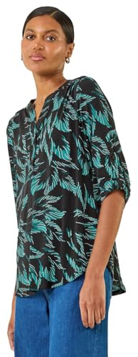 Roman Originals Shirt for Women UK Ladies Top Collarless Blouse Stretchy Tunic Smart Casual Autumn Winter Jersey 3/4 Length Sleeve Notch V Neck Flattering Office Work - Teal Black - Size 14