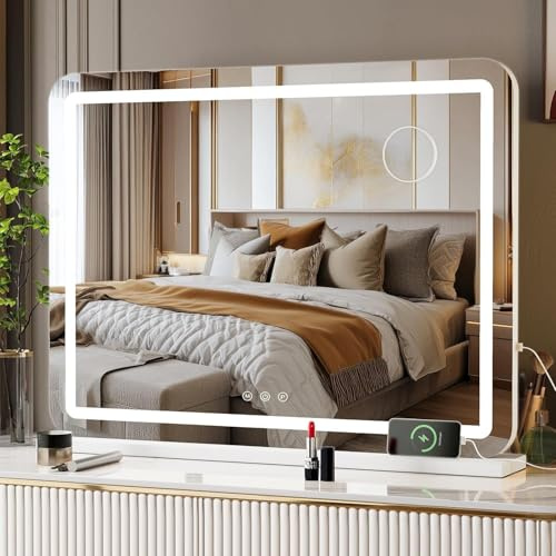 Clevich Hollywood Schminktisch Spiegel mit Beleuchtung 50x40cm für Make-up | USB- & Typ-C Anschluss, 3 Lichtfarben Dimmbar Touchscreen, 10X Lupe, Tisch / Wand, Badspiegel fur Hollywood Vanity Setup