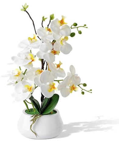 PlusFive Artificial Orchid Flowers in Ceramic Pot -Realistic Silk Phalaenopsis Flower, 43cm Faux Orchid Plant for Home Decor Housewarming Gift Table Centre Piece Decoration Window Sill Decorations