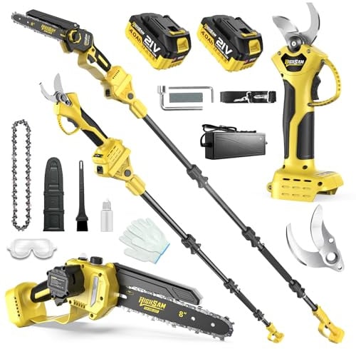 Sierra de Cadena Mini 8 Pulgadas & Podadora Inalámbrica, Herramienta Jardín 4 en 1 Motor Sin Escobillas, Vástago Telescópico 4,2m, 2×4,0Ah Baterías, Sierra Cadena, Corte Madera & Poda Ramas (Batería)