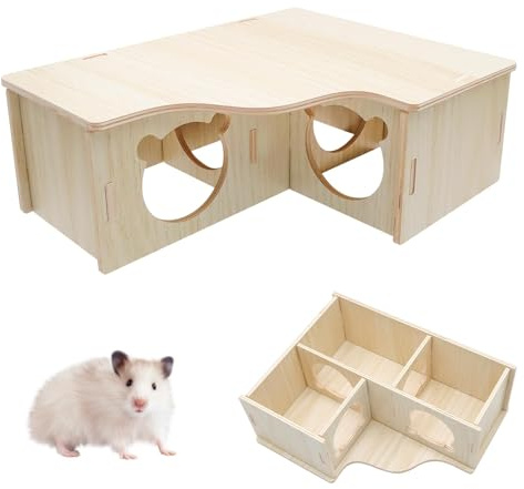 VOSSOT Hamsterhus i trä med flera kammare, 3-kammar hamsterhus med bottenlöst design, vattenavvisande, nagelfritt, hamstertillbehör för dvärghamstrar och gullhamstrar