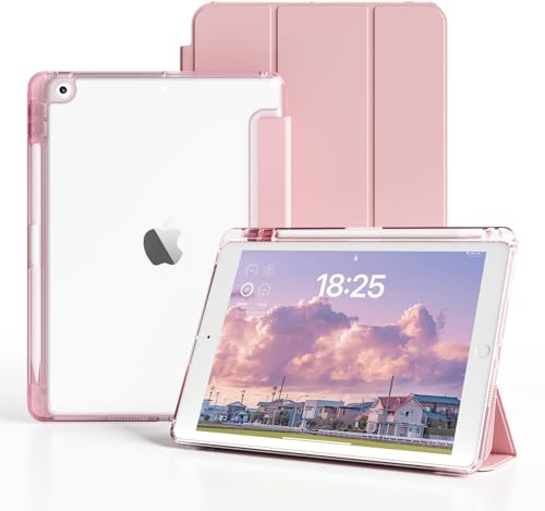 ZOYU Case for iPad 9th/8th/7th Generation 10.2 Inch (2021&2020&2019), Pencil Holder with Clear Transparent Back Cover, Slim &Lightweight, Auto Wake/Sleep, Light Pink