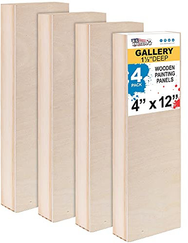 U.S. Art Supply 4 x 12 Birch Wood Paint Pouring Panel Boards, Gallery 1-1/2 Deep Cradle (Pack of 4) - Artist Depth Wooden Wall Canvases - Painting Mixed-Media Craft, Acrylic, Oil, Encaustic