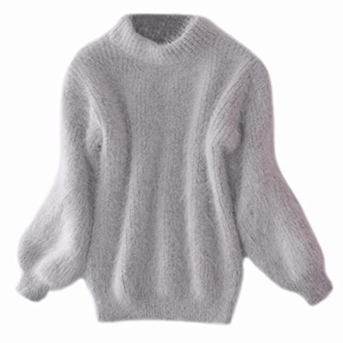 YM YOUMU Frauen Faux Mohair Pelz Sweatshirt Flauschiger Pullover Zur Seite Fahren Rollkragen Hauchhülse Warm (Grau, Einheitsgröße)