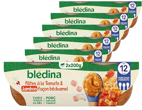 Blédina - Bols - Repas midi bébé - Pâtes à la Tomate & au Jambon façon béchamel - Dès 12 mois - Sans sel ajouté - 12x200g