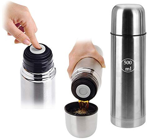 Oramics Thermos Flask with Push Button, Double Wall Stainless Steel Insulated Flask - 500ml, 750ml or 1000ml - Insulated Thermos Flask That Keeps Drinks Warm Up To 12 Hours, 500 ml