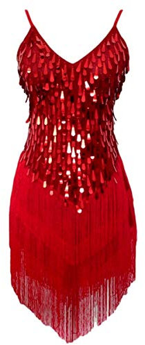 Grouptap Womens flapper gatsby sequin tassel ballroom dance sling skirt red latin salsa tango samba cha cha rumba dress size 6/8/10/12 (Red, UK 6-12)