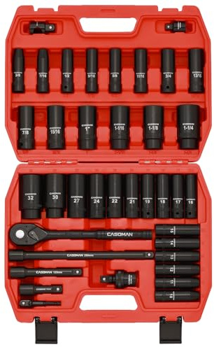 CASOMAN Jeu de douilles 1/2 Drive Master Impact 36 pièces profondes, standard SAE (3/8 à 1-1/4) & tailles métriques (10-32 mm), adaptateurs et poignée à cliquet, acier CR-V